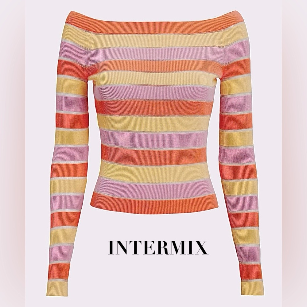 INTERMIX Delia Striped Knit Long Sleeve Top Pastel Mesh Shirt